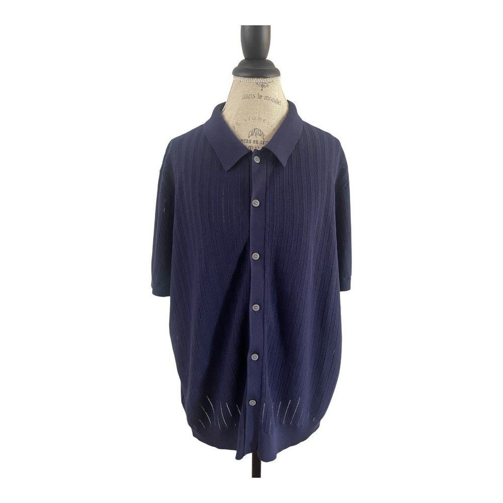 PJ PAUL JONES Mens Knit Polo Shirt Short Sleeve Knit Textured Navy 2XL